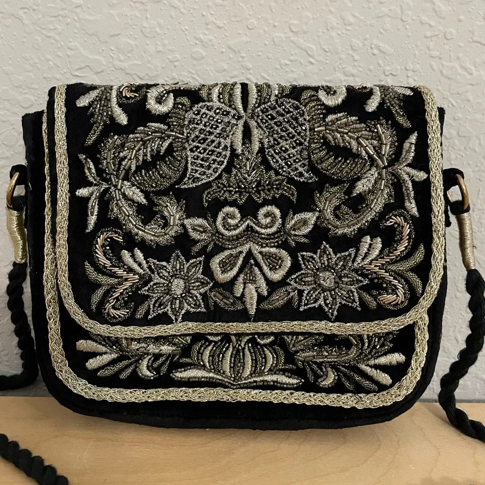 Vintage Chico’s Black Metallic Embroidered Long Strap Shoulder Bag